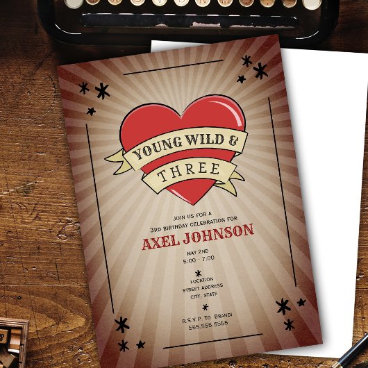 Young Wild & Three Tattoo Heart Third Birthday Inv Kaart