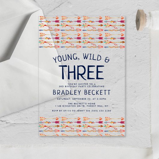 Young, Wild & Three Tribal Boho Arrow 3e verjaarda Acryl Uitnodigingen