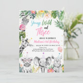 Young Wild & Three Tropical Safari Girl Birthday Kaart (Staand voorkant)