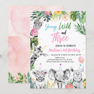 Young Wild & Three Tropical Safari Girl Birthday Kaart