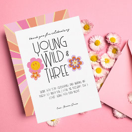 Young, Wild & Three | Verjaardagskaart | Roze Bedankkaart
