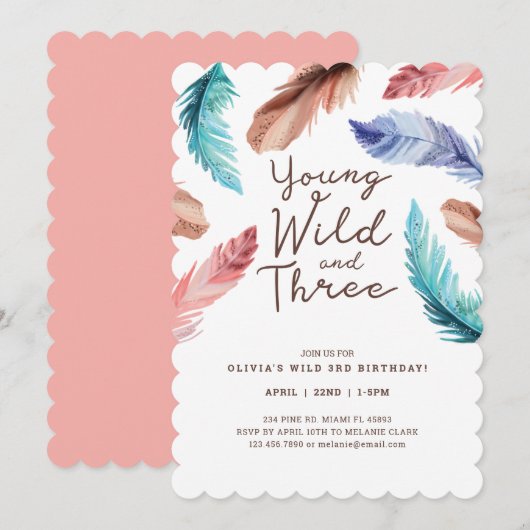 Young Wild & Three Waterverf Boho Feathers Kaart (Voorkant / Achterkant)