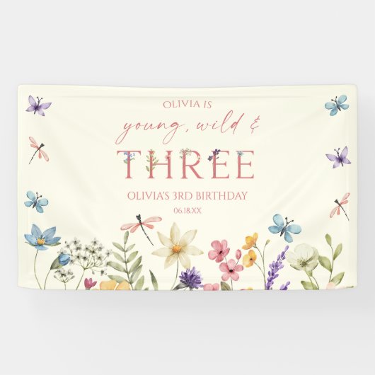 Young Wild & Three Wildflower 3de verjaardagsfeest Spandoek (Horizontaal)