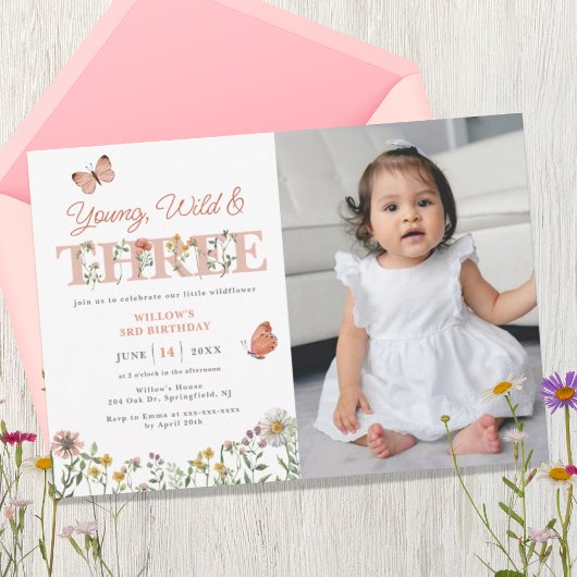 Young Wild & Three Wildflower 3rd Birthday Invitat Kaart