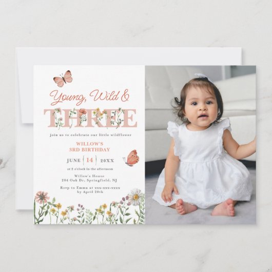 Young Wild & Three Wildflower 3rd Birthday Invitat Kaart (Voorkant)