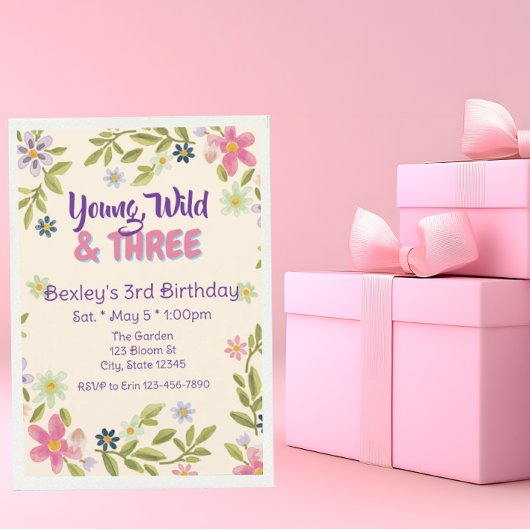 Young, Wild, & Three Wildflower, 3rd birthday Kaart