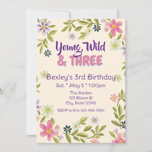 Young, Wild, & Three Wildflower, 3rd birthday Kaart (Voorkant)