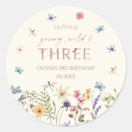 Young Wild & Three Wildflower 3rd Birthday Party Ronde Sticker