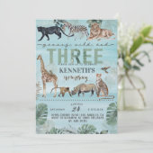 Young Wild & Three Zoo Animal Birthday Invitation Kaart (Staand voorkant)