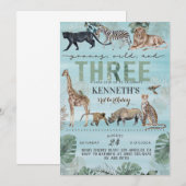 Young Wild & Three Zoo Animal Birthday Invitation Kaart (Voorkant / Achterkant)