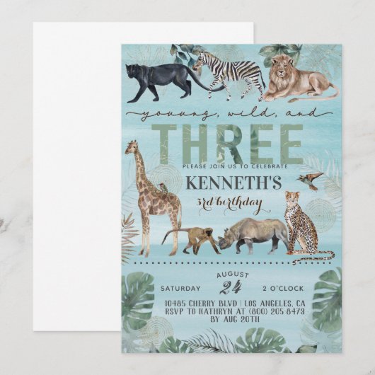 Young Wild & Three Zoo Animal Birthday Invitation Kaart (Voorkant / Achterkant)