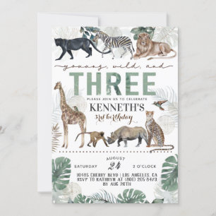 Young Wild & Three Zoo Animal Birthday Invitation Kaart