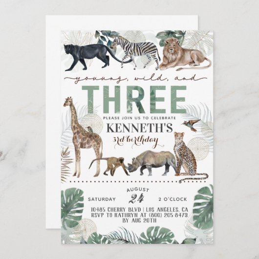 Young Wild & Three Zoo Animal Verjaardag Uitnodigi Kaart (Voorkant / Achterkant)