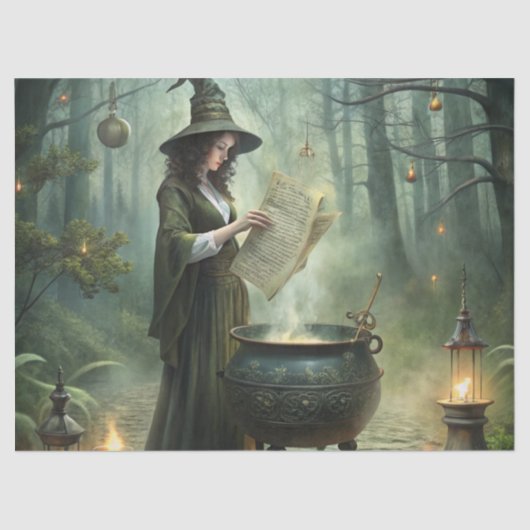 Young Witch in Mystical Forest Ritual Tissuepapier (Voorkant)