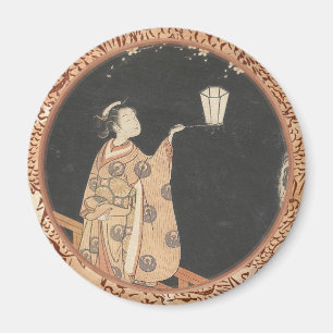 Young Woman Admming Plum Blossom at Night art Magneet
