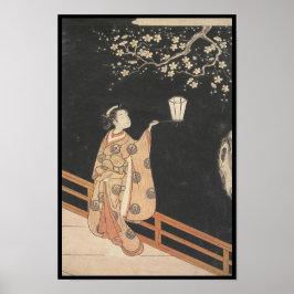 Young Woman Admming Plum Blossom at Night art Poster