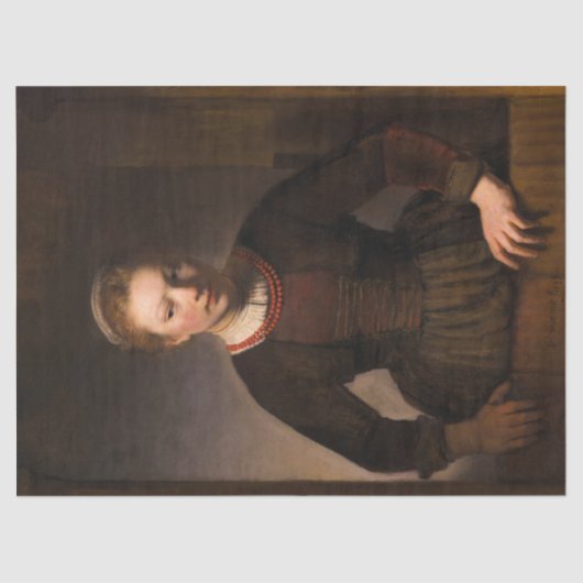 Young Woman at an Open Halfdeur van Rembrand Tissuepapier (Voorkant)