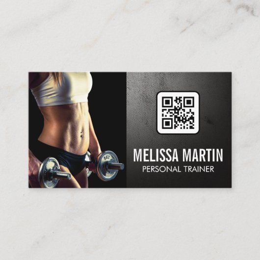 Young Woman Holding Dumbbells | QR-code Visitekaartje (Voorkant)