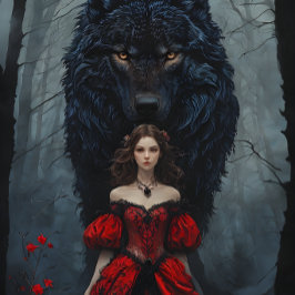 Young Woman In Red Gown With Black Wolf Guardian Tissuepapier