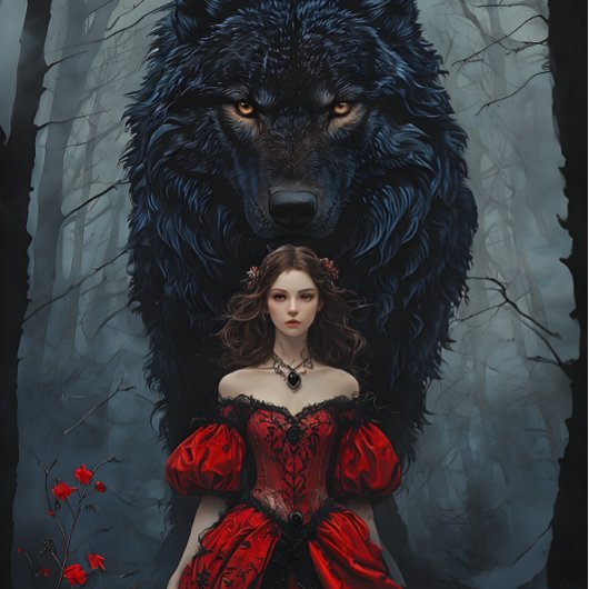 Young Woman In Red Gown With Black Wolf Guardian Tissuepapier