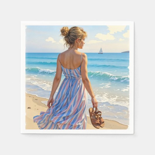 Young Woman On the Beach Looking At Sailboats Servet (Voorkant)