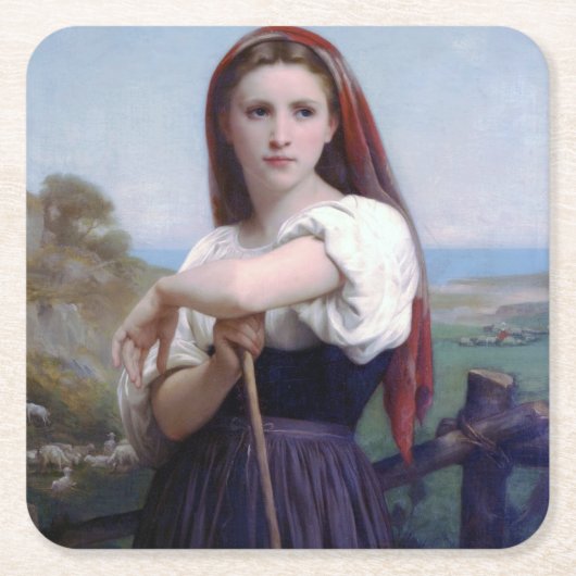 Young Woman Shepherdess, Bouguereau Kartonnen Onderzetters (Voorkant)