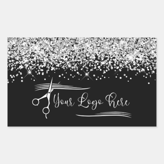 Your Logo Black and Silver Glitter Glam Rechthoekige Sticker (Voorkant)