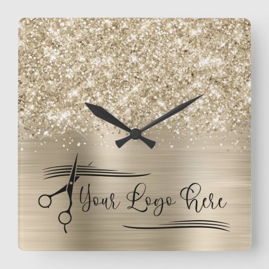 Your Logo Glittery Pale Gold Glam Vierkante Klok (Voorkant)