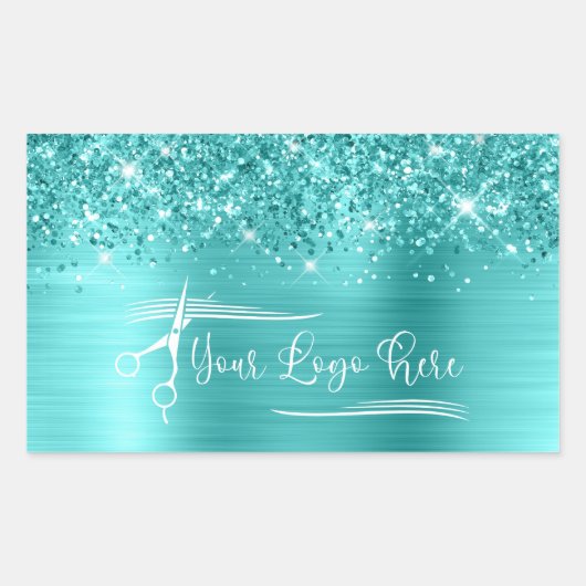 Your Logo Glittery Turquoise Blue Glam Rechthoekige Sticker (Voorkant)