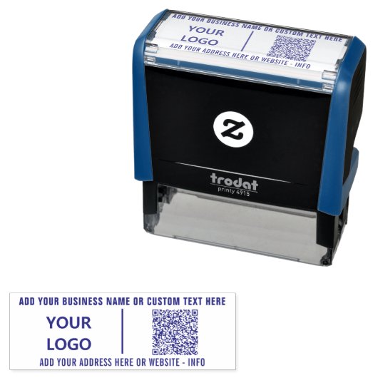 Your Logo or Photo Text and QR Code Stamp Example Zelfinktende Stempel (In situ)
