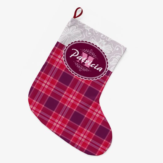 YOUR MONOGRAM ON LACE & PINK TARTAN PLAID PATTERN GROTE KERSTSOK (Voorkant (Hangend))