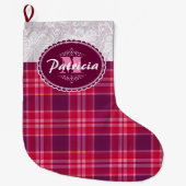 YOUR MONOGRAM ON LACE & PINK TARTAN PLAID PATTERN GROTE KERSTSOK (Voorkant)