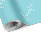 Your Name | Elegant White Script on Robin Egg Blue Cadeaupapier (Rol Hoek)