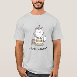 "Your name" Festive Birthday Cat with Cake Graphic T-shirt
