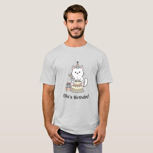 "Your name" Festive Birthday Cat with Cake Graphic T-shirt (Voorkant volledig)