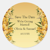 Your Names, Save The Date, Golden Yellow Flowers Ronde Sticker (Voorkant)