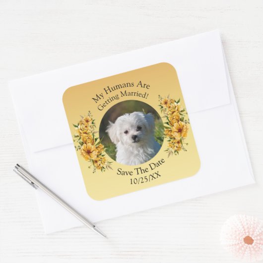 Your Pet Photo, Save The Date, Golden Yellow Flora Vierkante Sticker (Envelop)