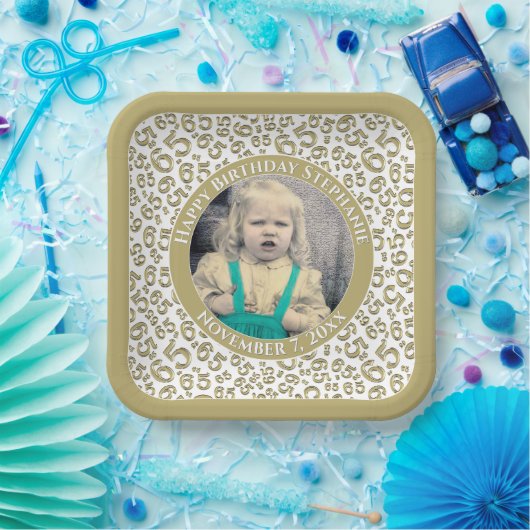 Your Photo 65 Random Number Pattern Gold/White Papieren Bordje (Feest)