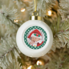 Your Photo Santa Baby Green Background Snowflakes Keramische Bal Ornament
