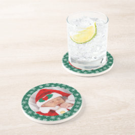 Your Photo Santa Baby Green Background Snowflakes Zandsteen Onderzetter