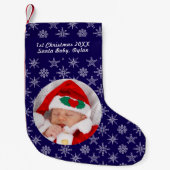 Your Photo Santa Baby Snowflake & Blue Background Kleine Kerstsok (Voorkant)