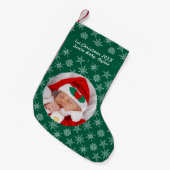 Your Photo Santa Baby Snowflake & Green Background Kleine Kerstsok (Voorkant (Hangend))