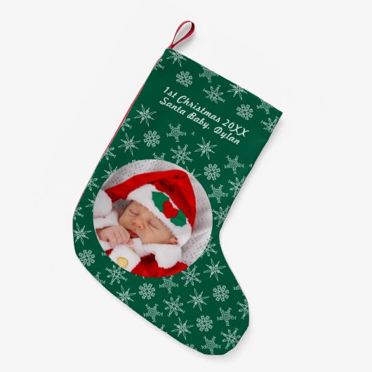 Your Photo Santa Baby Snowflake & Green Background Kleine Kerstsok (Voorkant (Hangend))