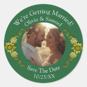 Your Photo, Save The Date, Emerald Green & Gold Ronde Sticker (Voorkant)