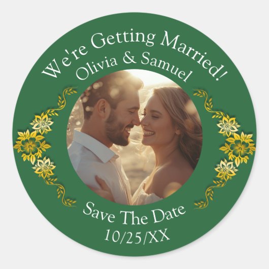 Your Photo, Save The Date, Emerald Green & Gold Ronde Sticker (Voorkant)