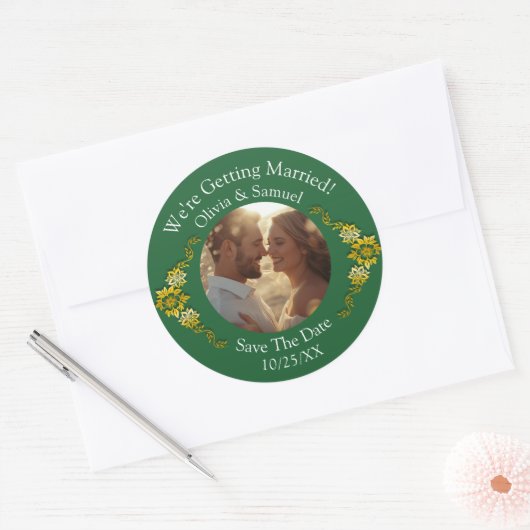 Your Photo, Save The Date, Emerald Green & Gold Ronde Sticker (Envelop)