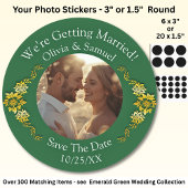Your Photo, Save The Date, Emerald Green & Gold Ronde Sticker