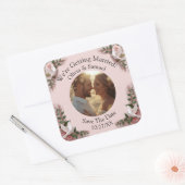 Your Photo, Save The Date, Pink Roses & Doves Vierkante Sticker (Envelop)