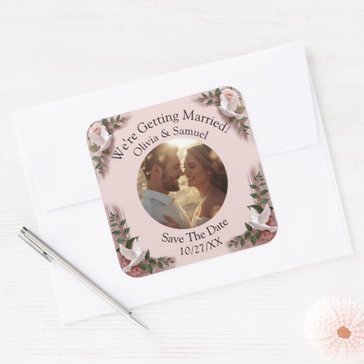 Your Photo, Save The Date, Pink Roses & Doves Vierkante Sticker (Envelop)