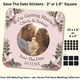 Your Photo, Save The Date, Pink Roses & Doves Vierkante Sticker